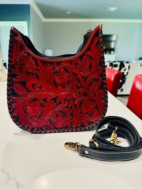 Hand-Tooled Floral Leather Crossbody Bag - Red